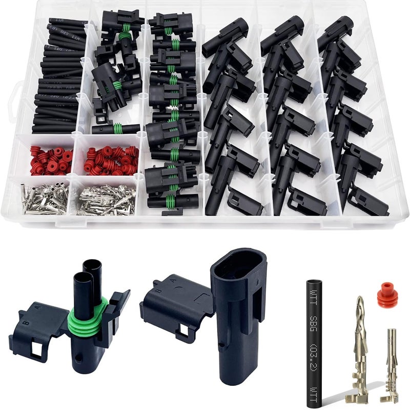 Twippo 15 Kits 2 Pin Connector Weather Pack Connectors Kit Automotive Electrical Waterproof Connectors 2 Wire Connectors with 60pcs Shrink Tubing Kit (18-14 AWG) - Image 1